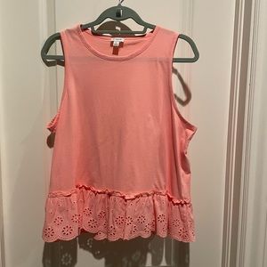 J. Crew Womens Peplum Tank Top - Peach - White Scoop Neck with Eyelet Hem -EUC